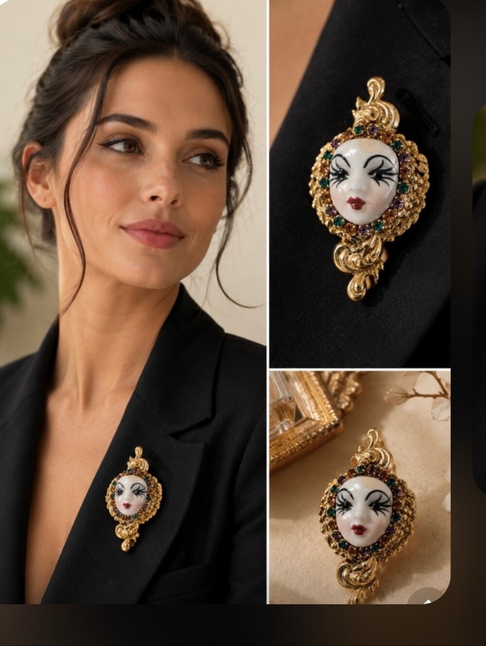 Vintage Porcelain Lady Face Brooch Rhinestone Gold Tone Art Deco Style